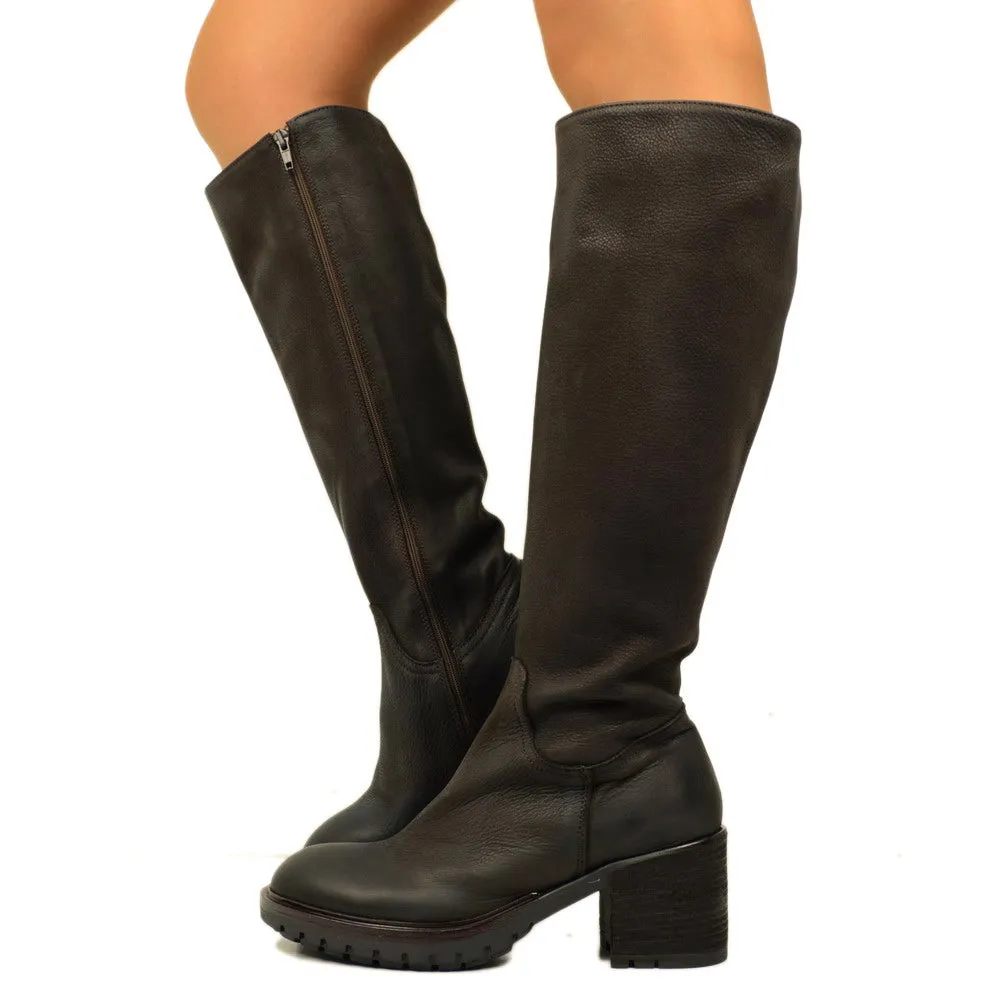 Stivali Donna Biker Testa di Moro Alti con Zip Made in Italy