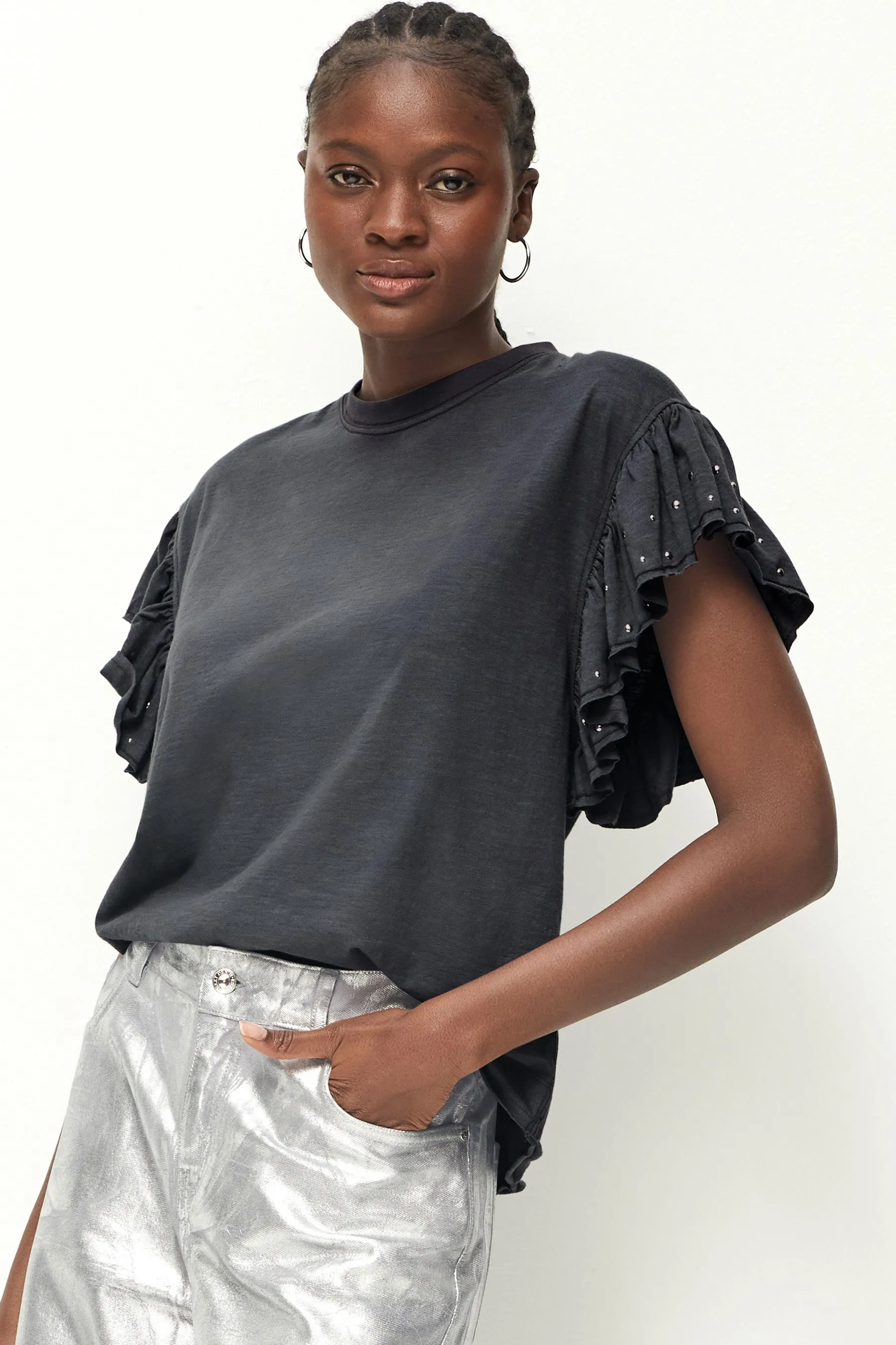 T-shirt Ruches maniche con borchie luccicanti