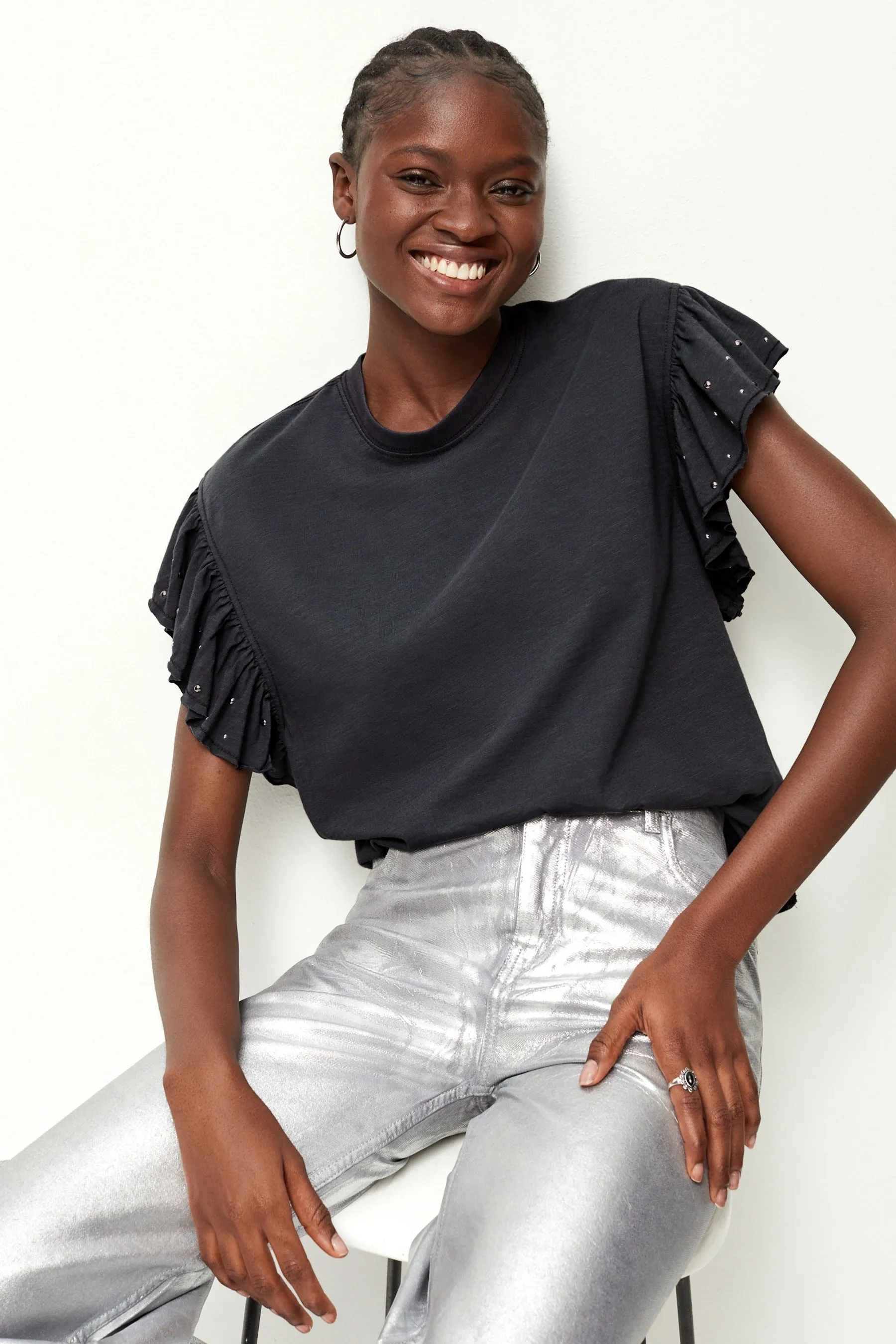 T-shirt Ruches maniche con borchie luccicanti