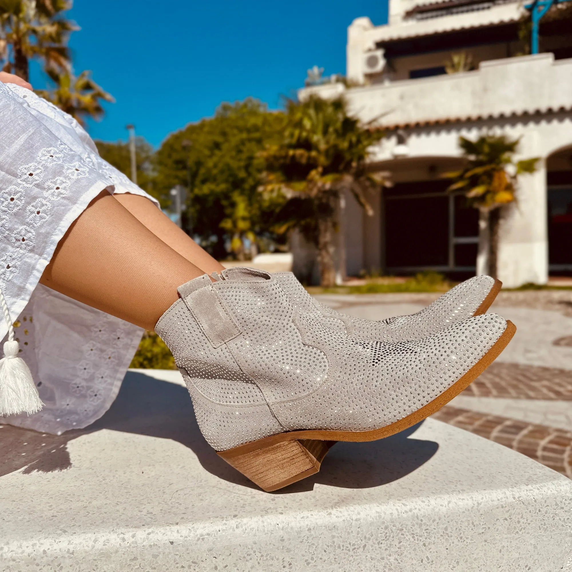 Texanini Tempestati di Strass con Stella Zip Laterale Grigio Perla
