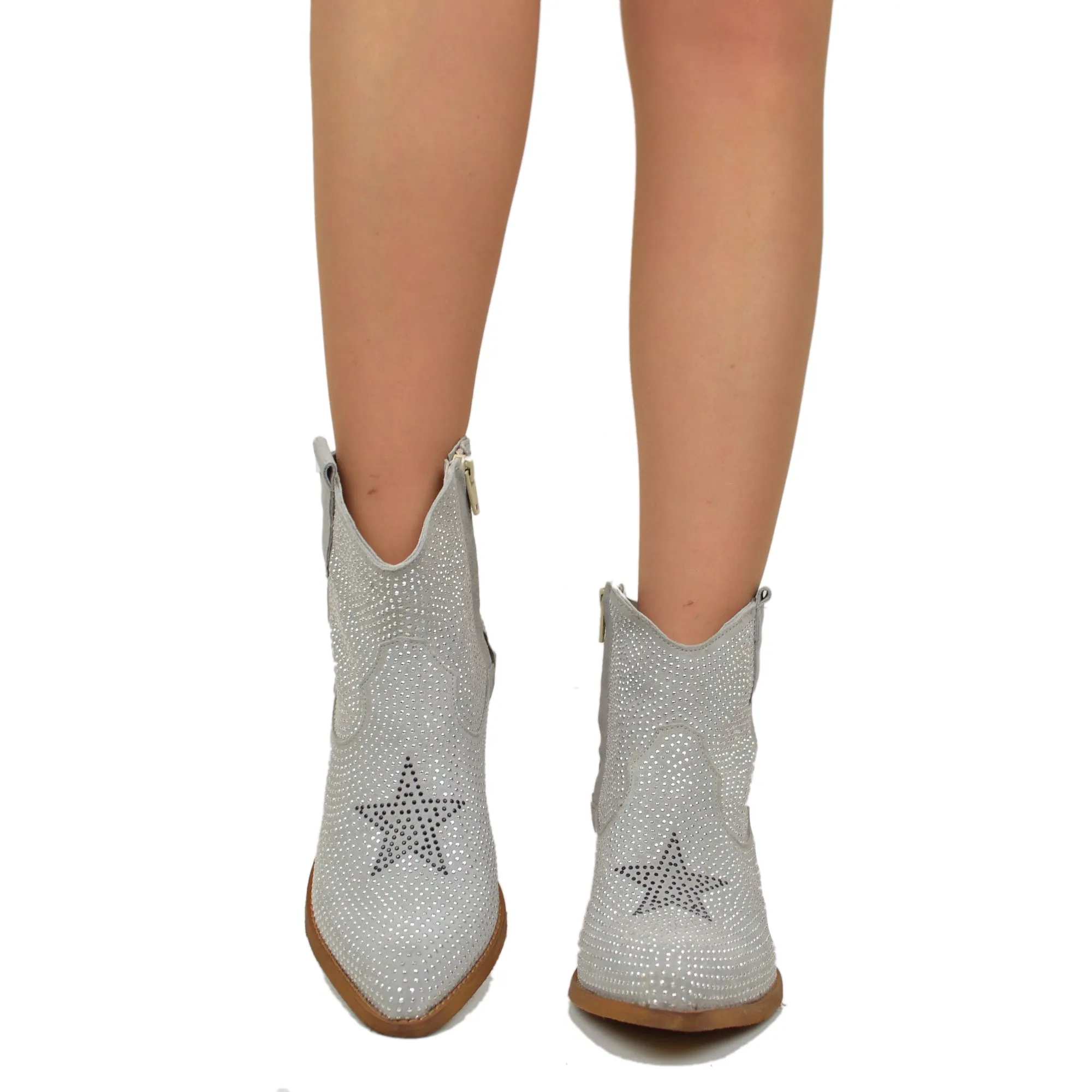 Texanini Tempestati di Strass con Stella Zip Laterale Grigio Perla