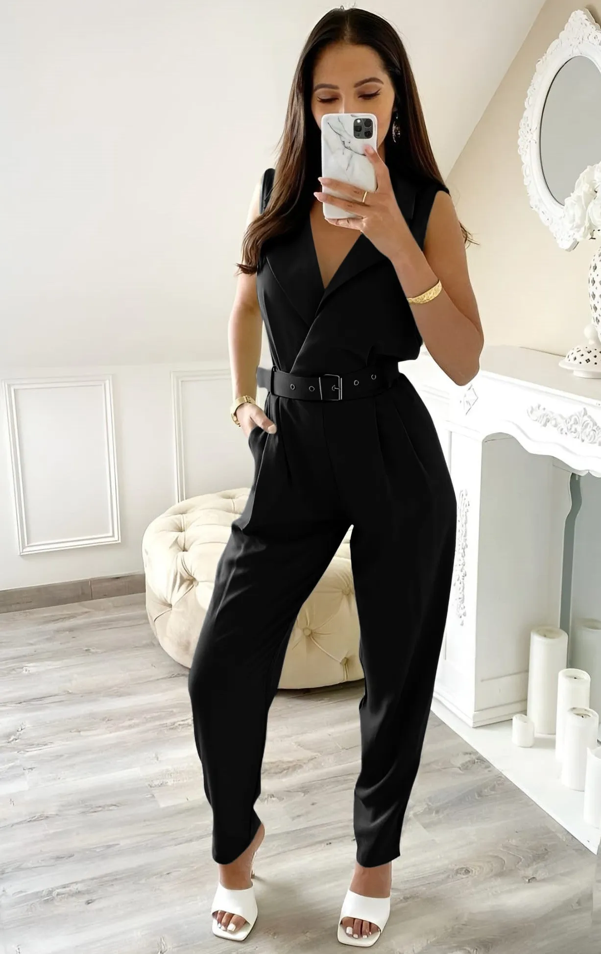 Tuta Donna Scollo V Giromanica Cintura Casual Easy Elegante
