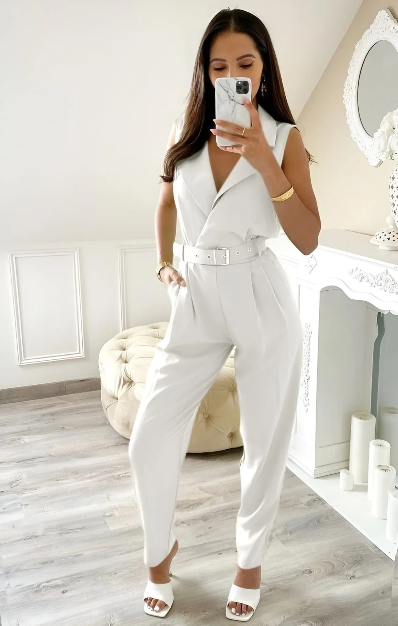Tuta Donna Scollo V Giromanica Cintura Casual Easy Elegante