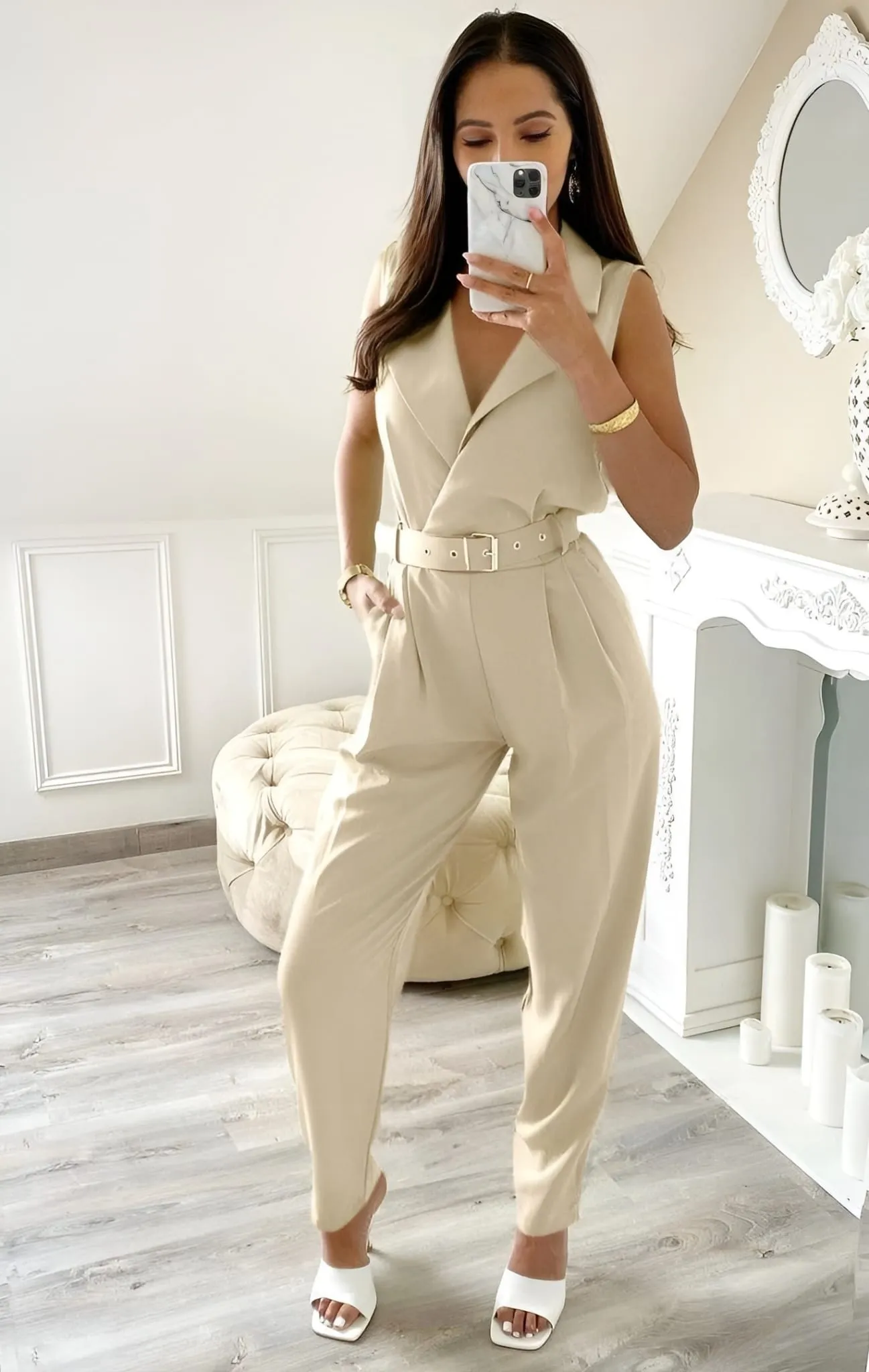 Tuta Donna Scollo V Giromanica Cintura Casual Easy Elegante