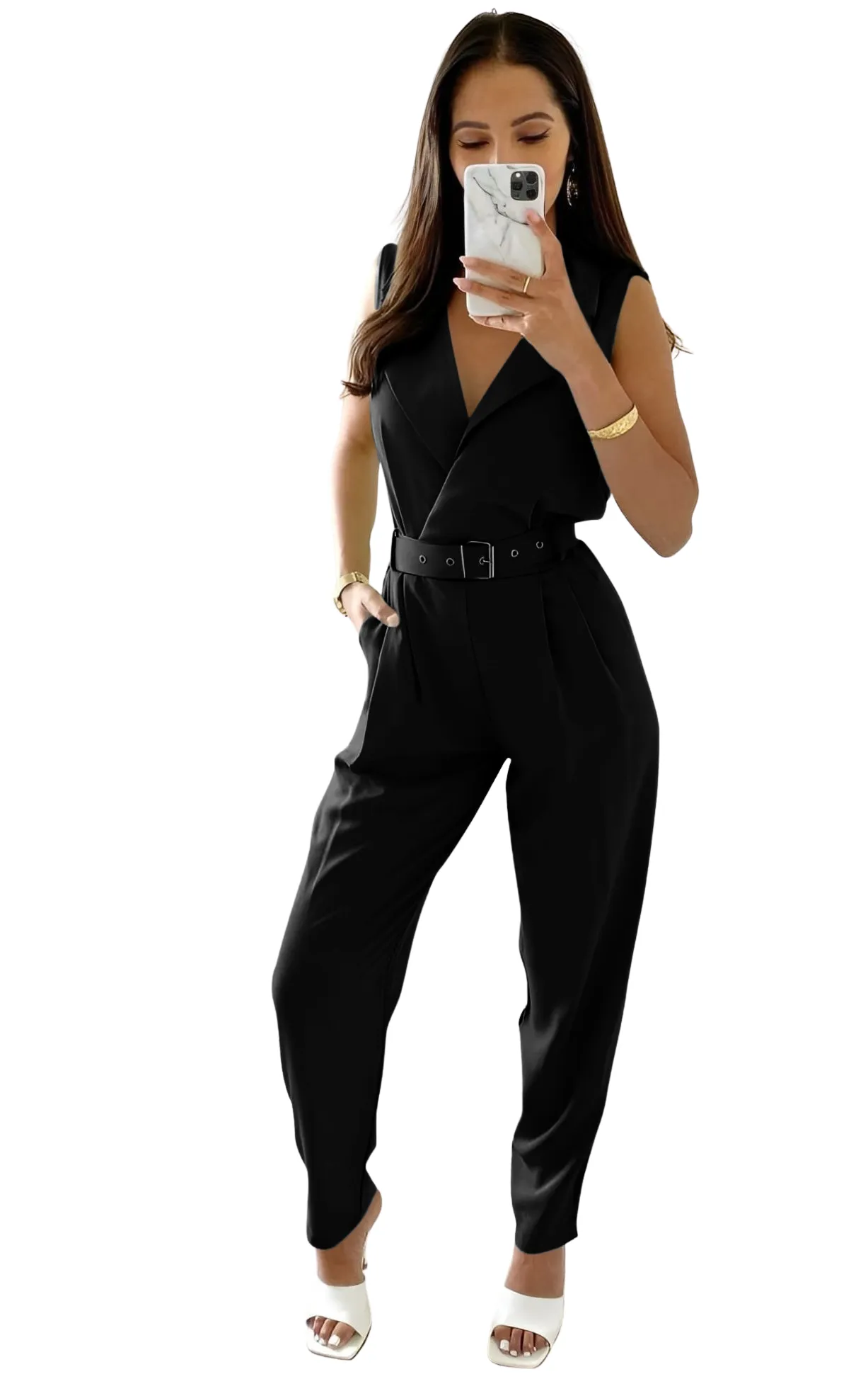 Tuta Donna Scollo V Giromanica Cintura Casual Easy Elegante